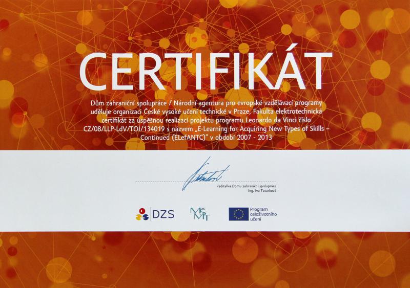 Certifikát za projekt ELefANTC