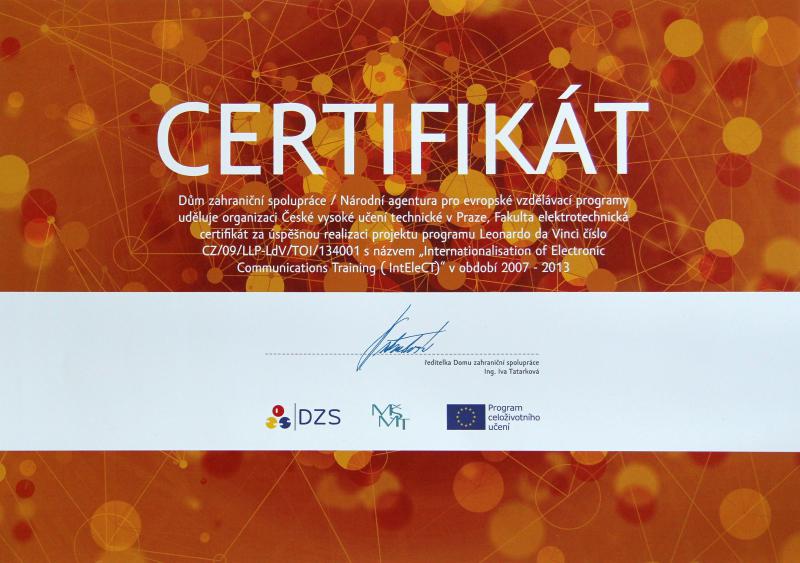 Certifikát za projekt IntEleCT